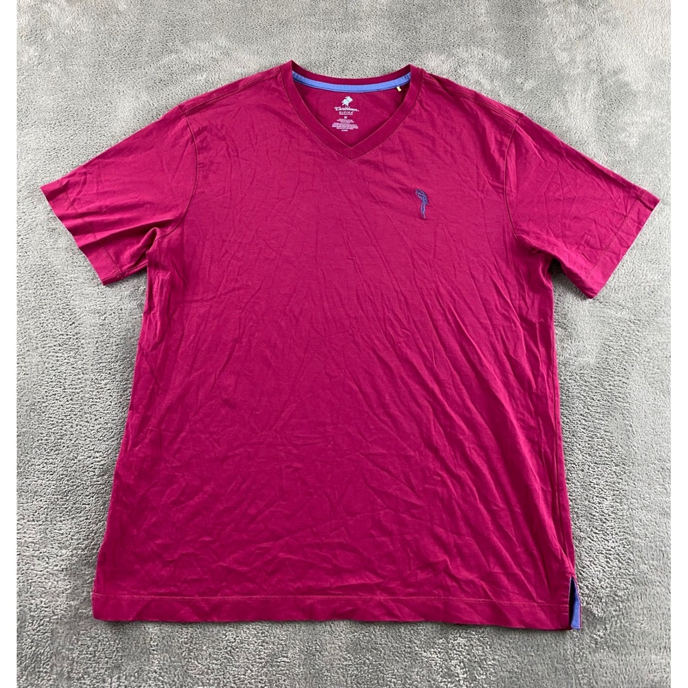 Caribbean Supima Cotton V-Neck Fuchsia Pink Parrot Logo T-Shirt Womens Medium